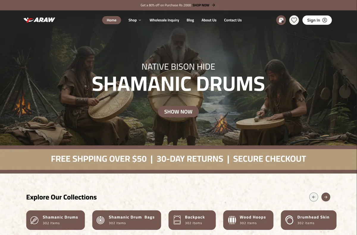 Arawusa storefront: shamanic drums hero and collections